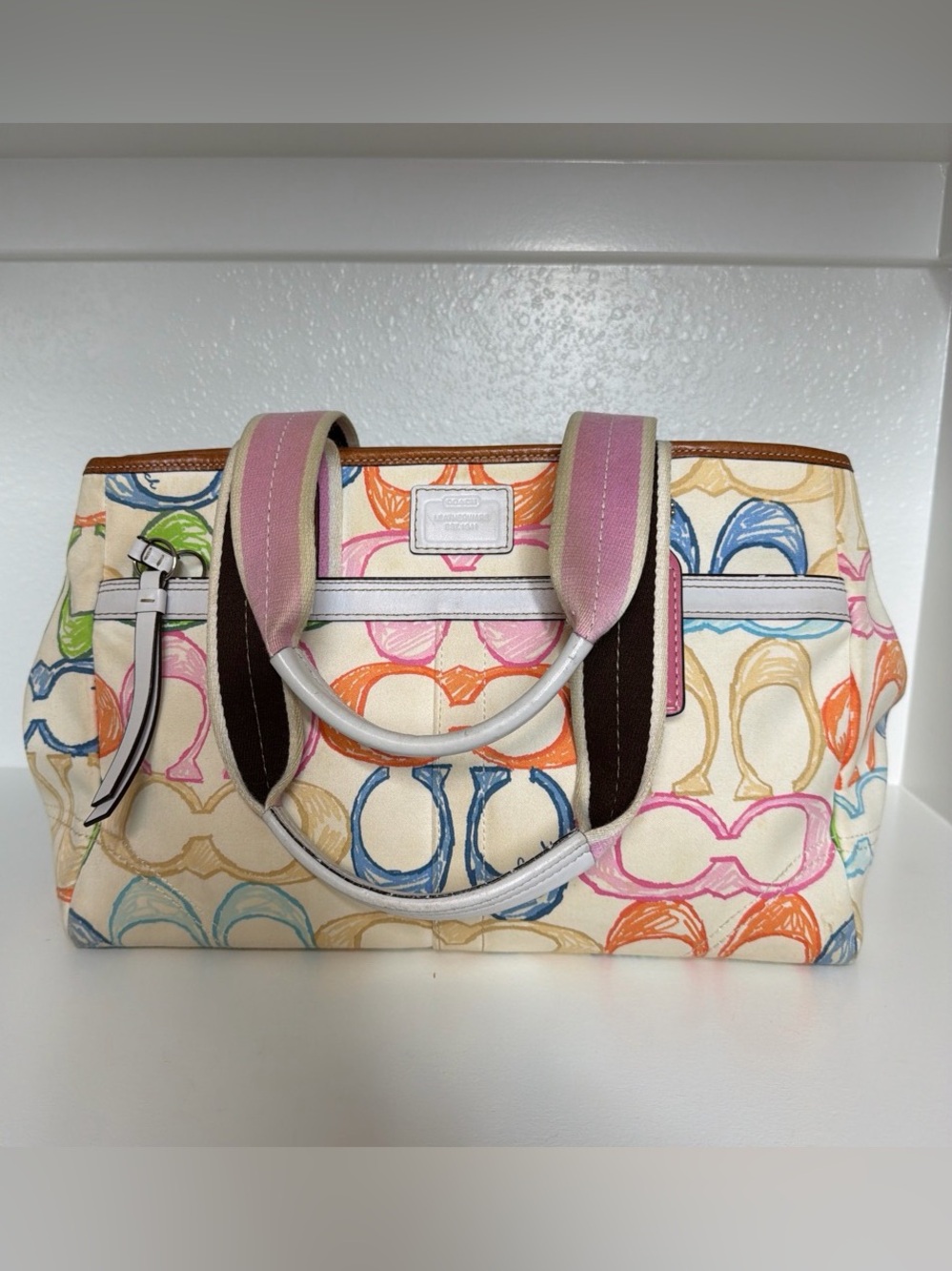 Coach Multicolor Signature Canvas Tote with Pink Straps